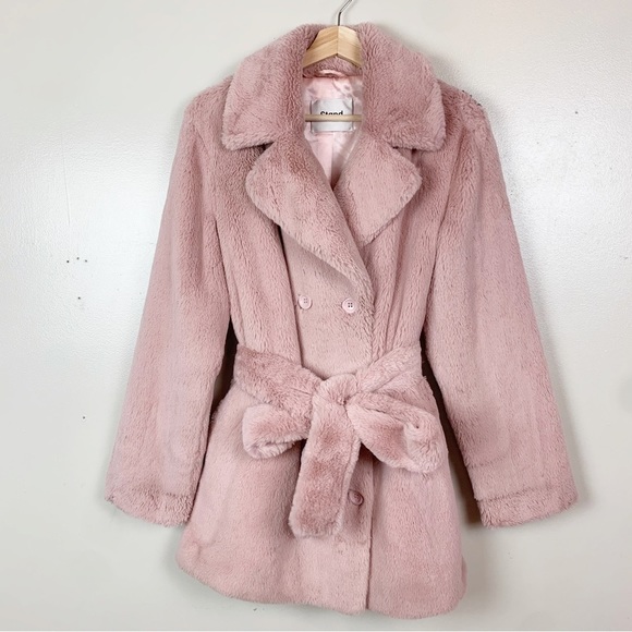 STAND STUDIO Fausta Jacket Faux Fur Colorblock Double Breasted Waist Tie M - Picture 4 of 16